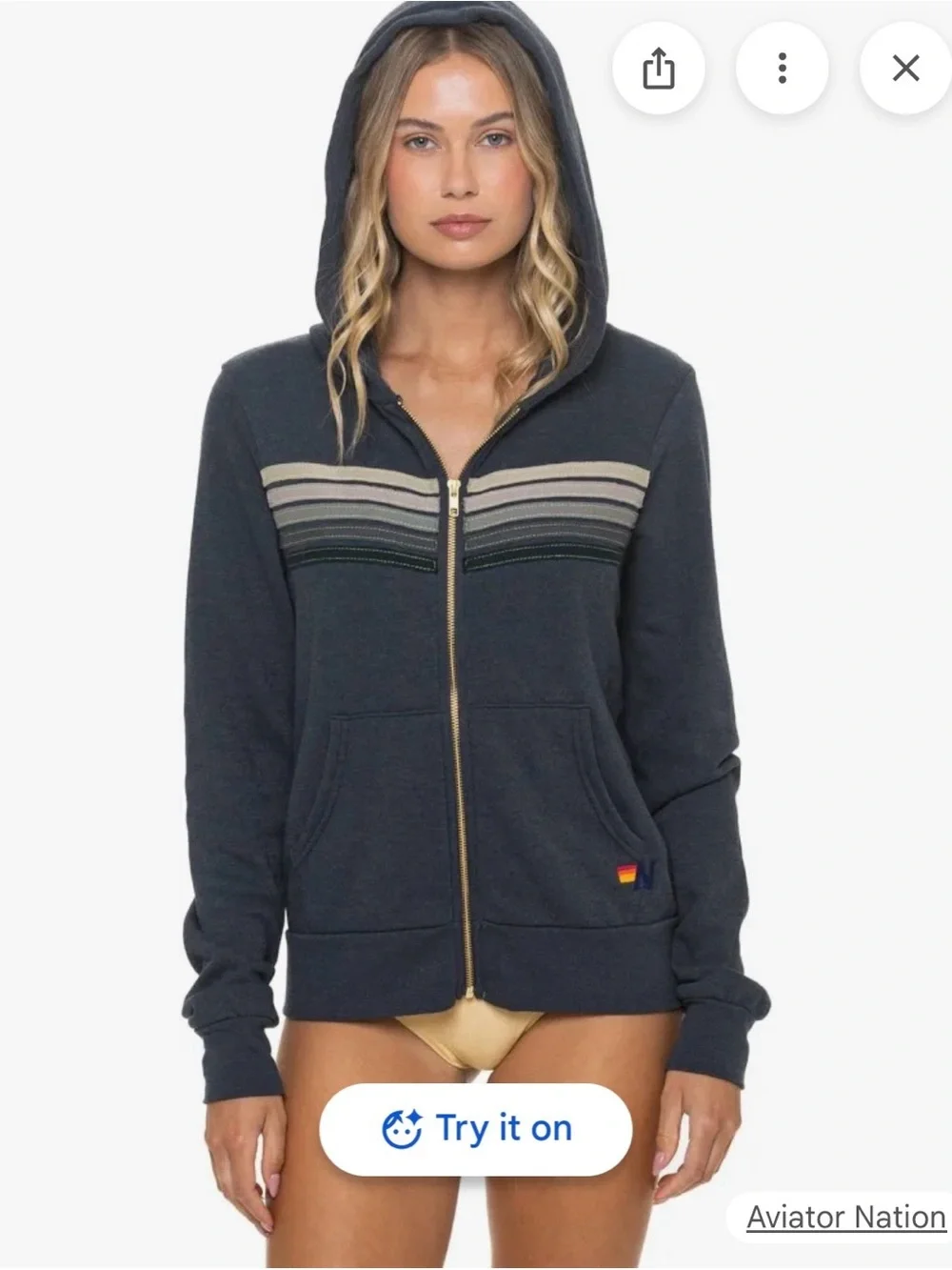 Aviator Nation Women's Navy Zip Hoodie with Striped Chest - Picture 1 of 5